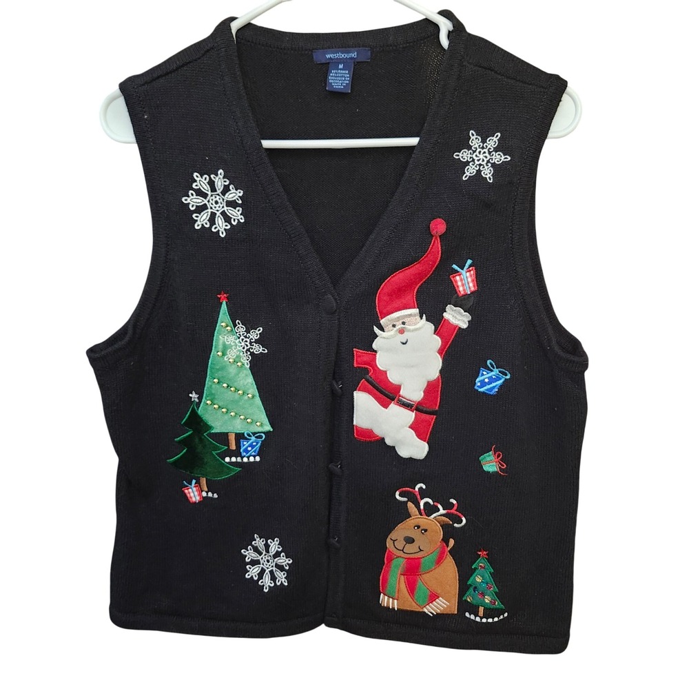 VTG Westbound Embroidered Black Christmas Sweater Vest Santa Whimsy Tree Med